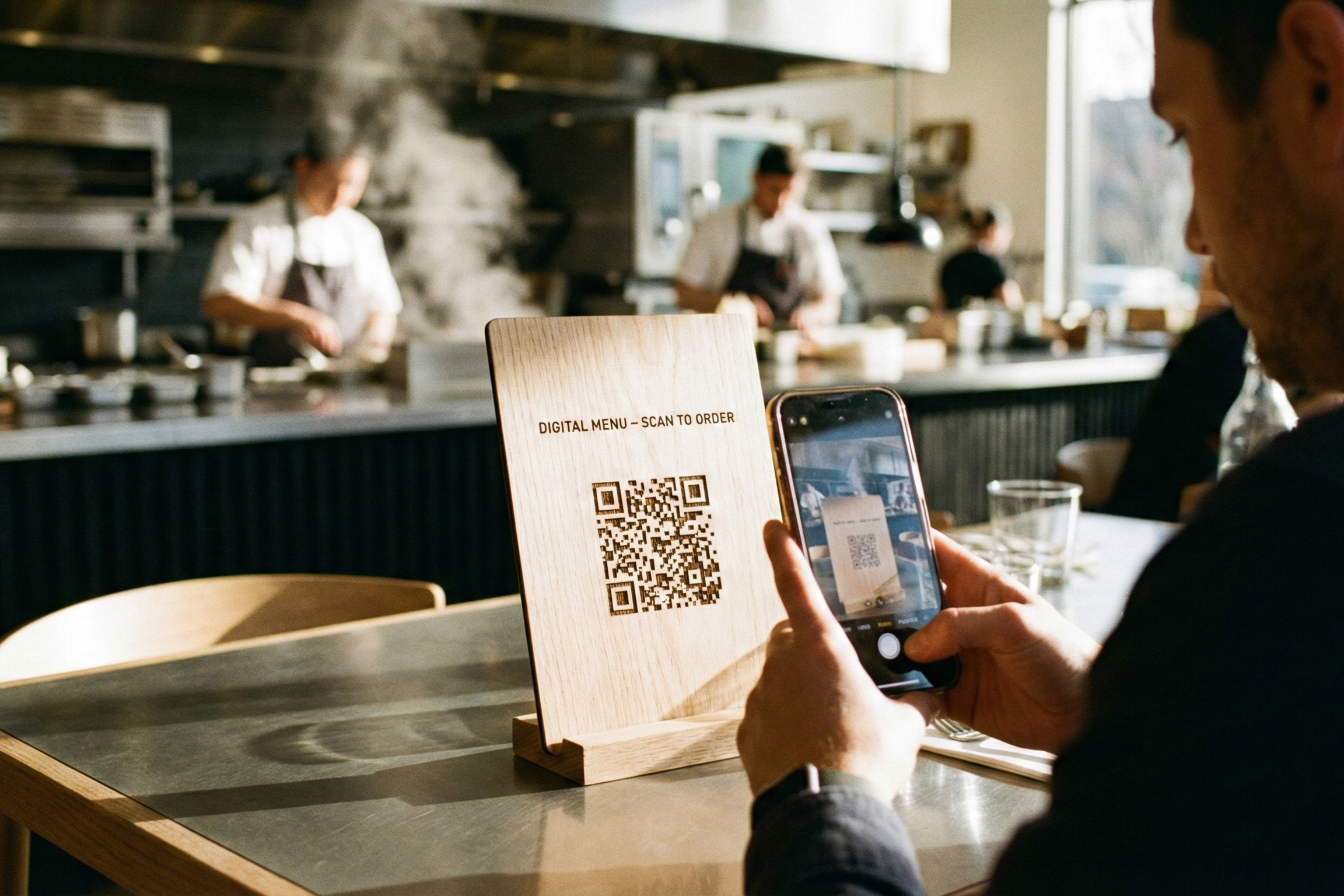 Cliente escaneando QR en restaurante